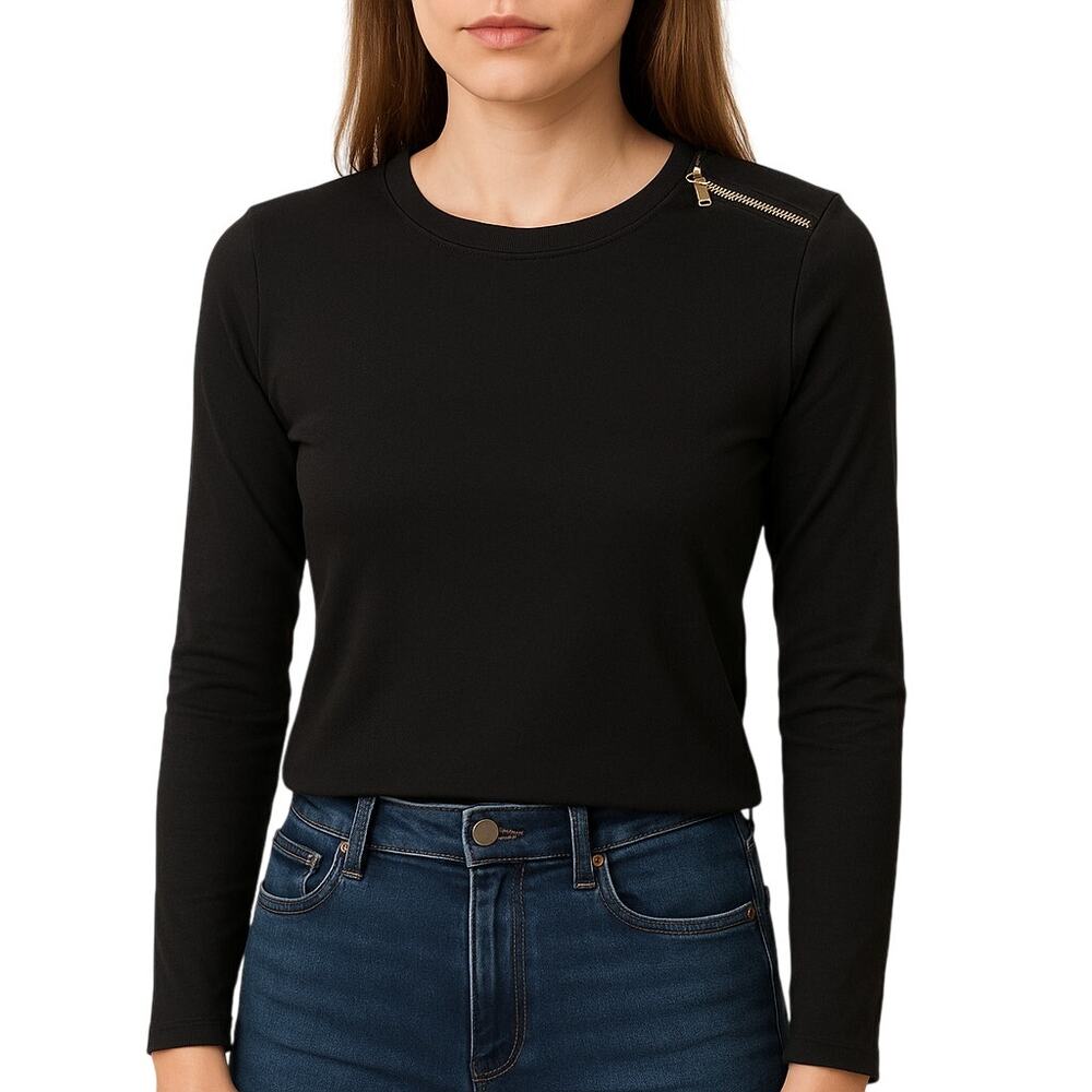 Lauren Ralph Lauren Women's XS Black Long Sleeve Top Accent Zipper